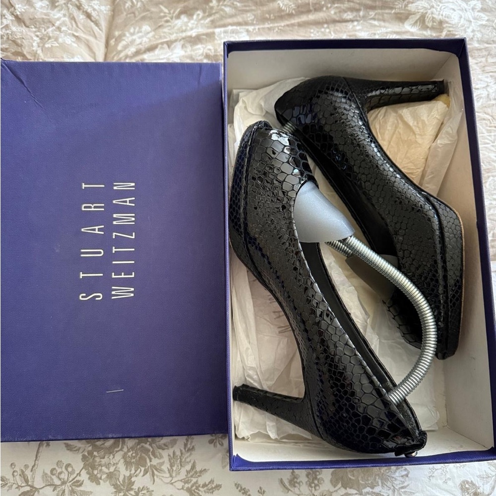 Stuart Weitzman Glossy Black Snakeskin Heels